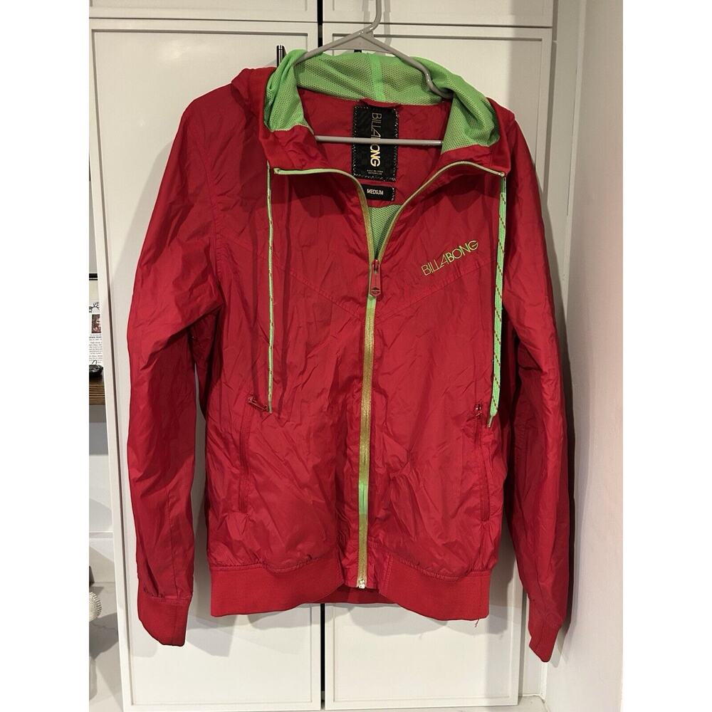 Billabong Windbreaker Jacket Mens M Red Green Hooded Full Zip Retro Surf y2k